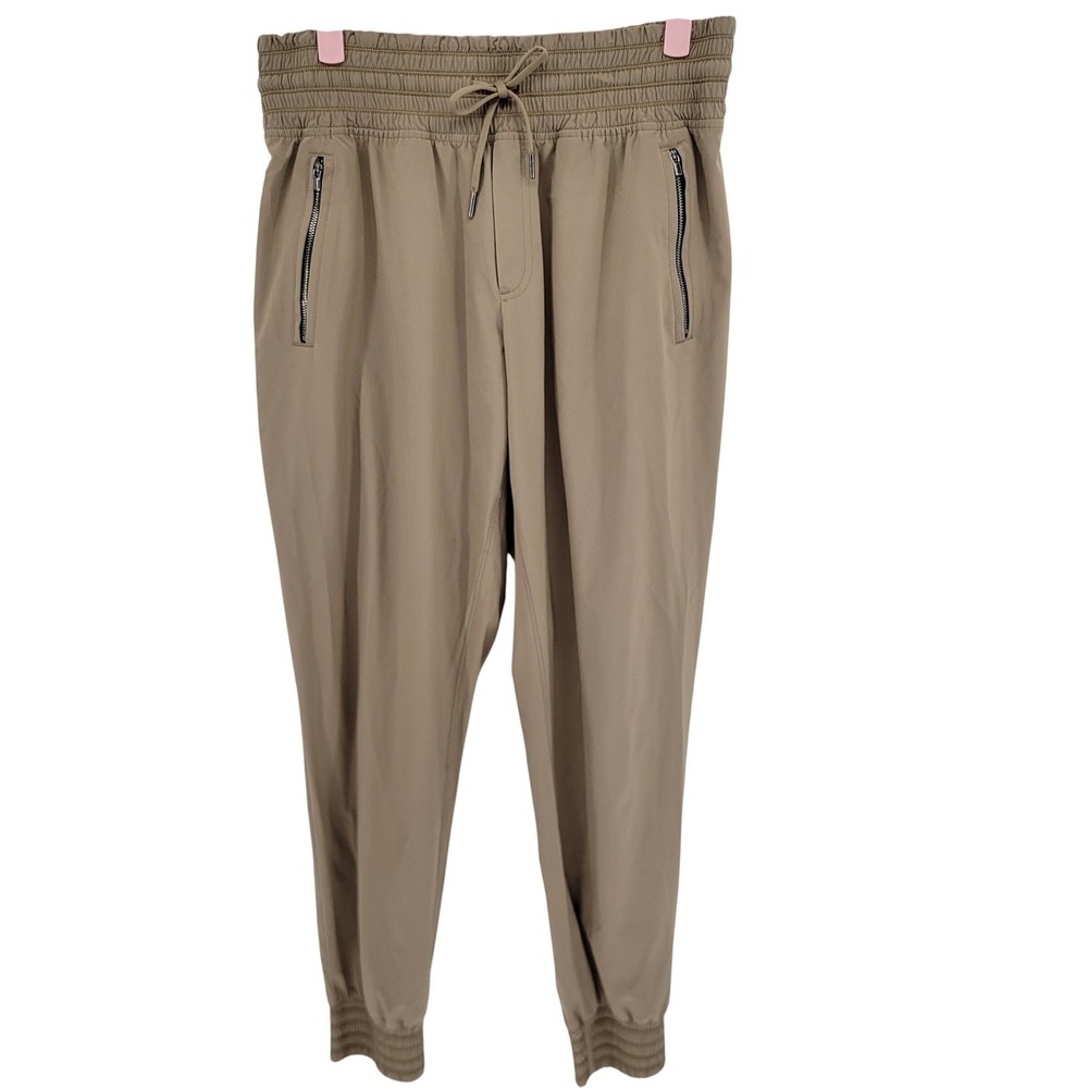 Athleta Camden Jogger Pants Tan Khaki Smocked Waist Zip Pockets Womens 8